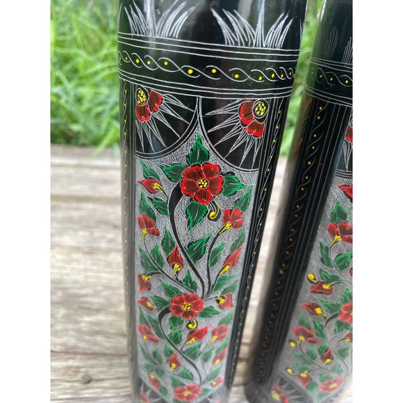 Vintage Pair Black Lacquer Wood Vases Red Etched Flowers 10" - Picture 13 of 16